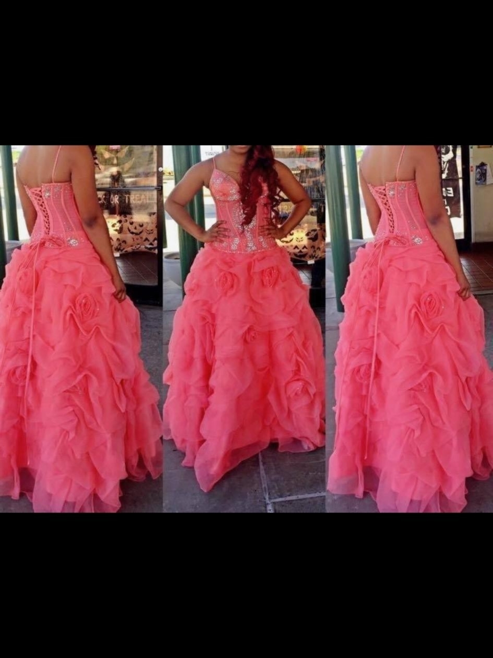 Coral Ruffled Ball Gown Prom Dress with Beaded Bodice
